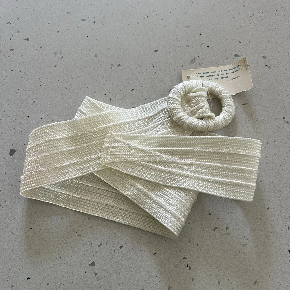 Vintage 80s White Cinch Belt Fabric Covered Round Buckle Wide Waist Belt S XS